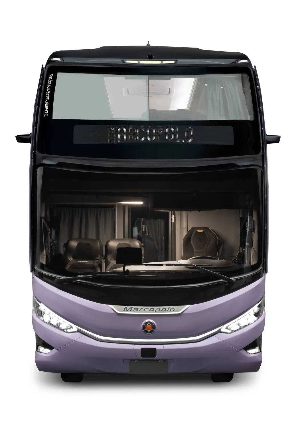 O vidro com película inteligente PDLC foi montado no para-brisa superior de um ônibus Paradiso G8 TEC 1800 DD (Divulgação Marcopolo)